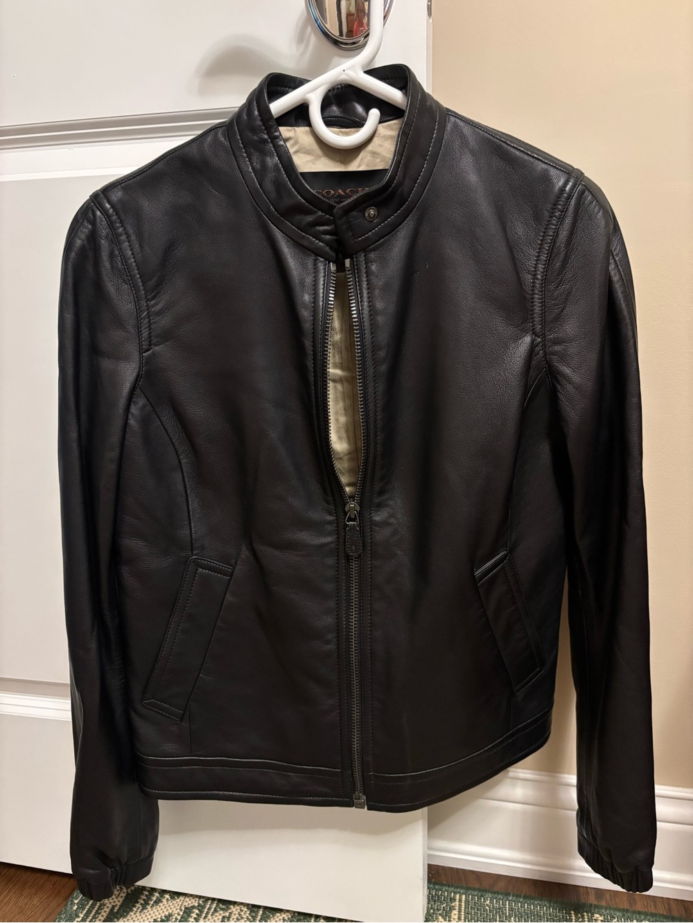 Coach Black Leather Zip Jacket with Snap Collar